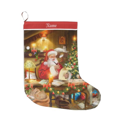 Vintage Santa Claus in workshop Large Christmas Stocking