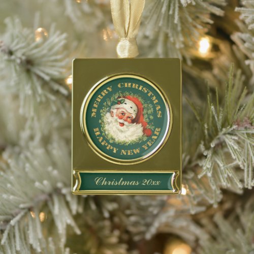 Vintage Santa Claus Keepsake Christmas Gold Plated Banner Ornament