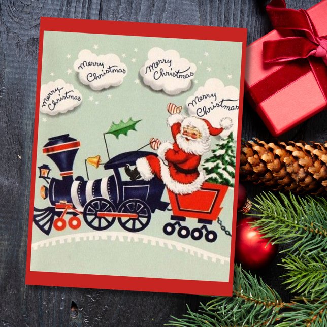 Vintage Santa Claus On Christmas Train Holiday Card (Creator Uploaded)