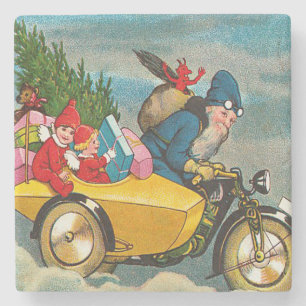 Vintage Santa Claus on Motorcycle Christmas Stone Coaster