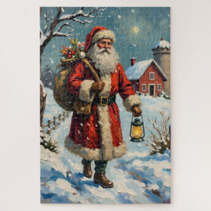 Vintage Santa Claus on Snowy Farmhouse Path Jigsaw Puzzle