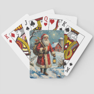 Vintage Santa Claus on Snowy Farmhouse Path Poker Cards