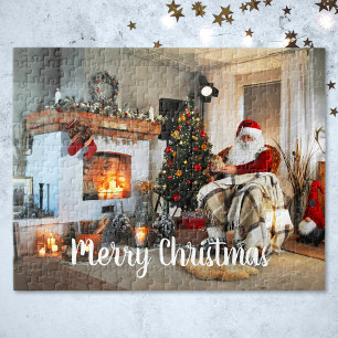 Vintage Santa Claus Optional Merry Christmas Text Jigsaw Puzzle