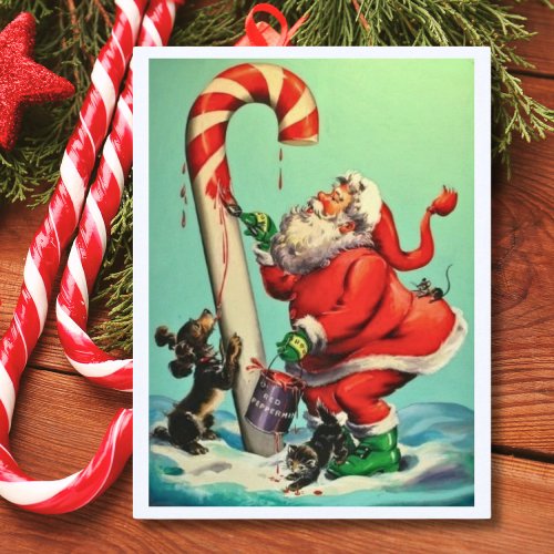 Vintage Santa Claus Painting A Candy Cane Holiday Postcard