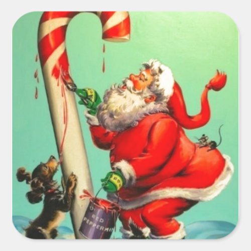 Vintage Santa Claus Painting A Candy Cane Square Sticker