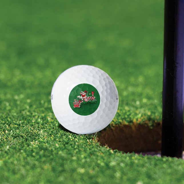 Vintage Santa Claus Peppermint Candy Train Golf Balls (Santa riding Christmas train with peppermint candy wheels candy canes on green golf balls.)