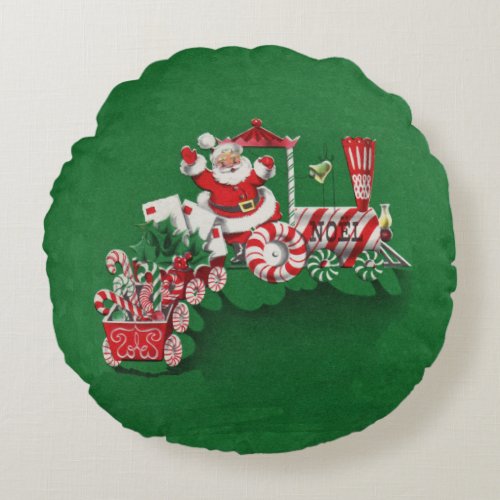 Vintage Santa Claus Peppermint Candy Train Round Pillow