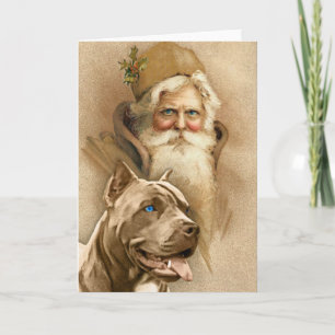 Vintage Santa Claus & Pet Pit Bull Dog Holiday Card