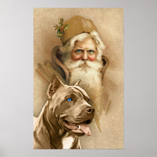 Vintage Santa Claus & Pet Pit Bull Dog Poster