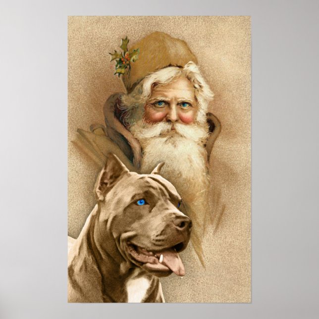 Vintage Santa Claus & Pet Pit Bull Dog Poster (Front)