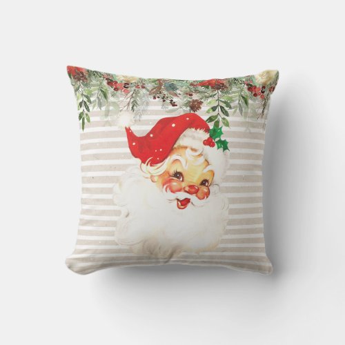 Vintage Santa Claus Pine Waterfall Striped Throw Pillow