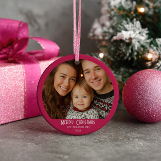 Vintage Santa Claus Pink Christmas Family Photo Ceramic Ornament