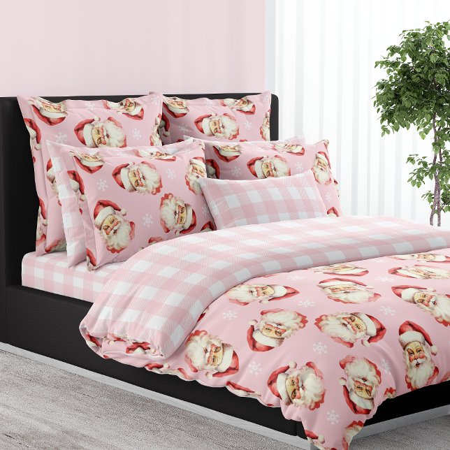 Vintage Santa Claus Pink Plaid Christmas Duvet Cover (Creator Uploaded)
