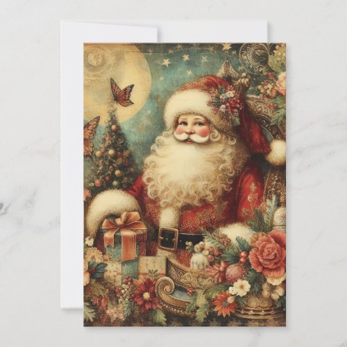 Vintage Santa Claus Presents Moon Merry Christmas Holiday Card
