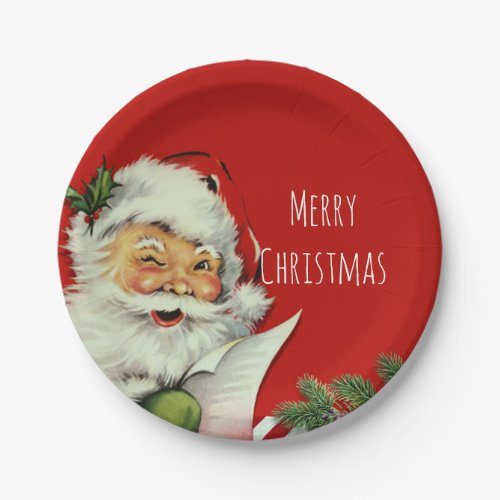 Vintage Santa Claus Red Christmas Party Paper Plates