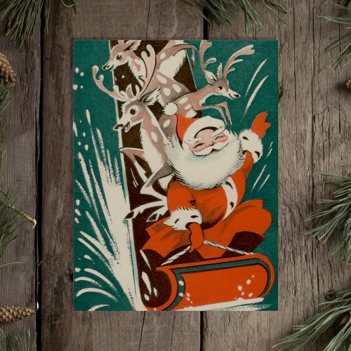 Vintage Santa Claus  Reindeer Sledding Retro xmas Postcard