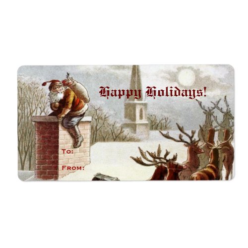 Vintage Santa Claus Reindeer Sleigh gift tag label