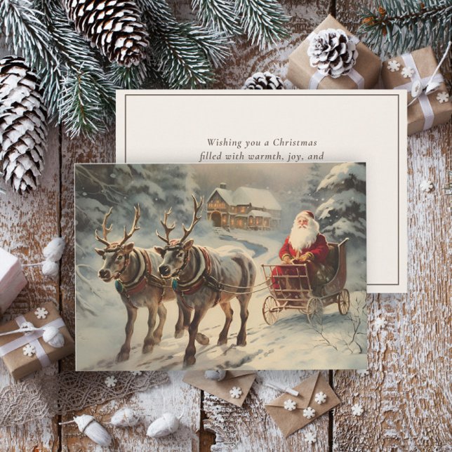 Vintage Santa Claus Reindeer Sleigh Snow Holiday Card (Santa and reindeer Christmas greeting card)