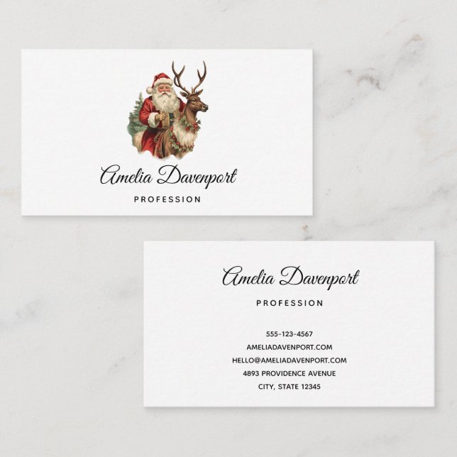 Vintage Santa Claus Riding a Reindeer Christmas Business Card (Front/Back)
