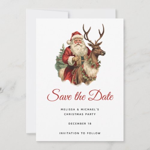 Vintage Santa Claus Riding a Reindeer Christmas Save The Date