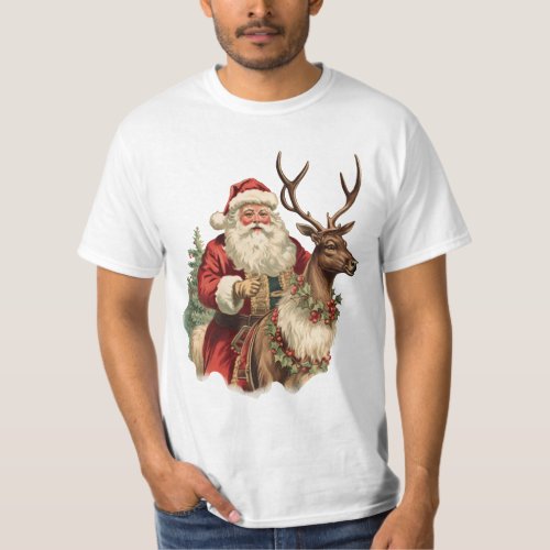 Vintage Santa Claus Riding a Reindeer Christmas T_Shirt