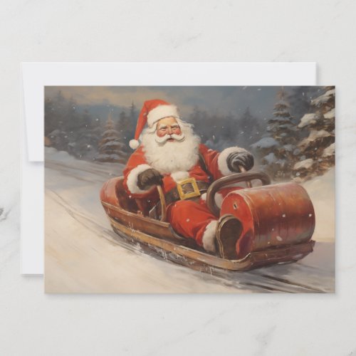 Vintage Santa Claus Sledding Snow Merry Christmas Holiday Card