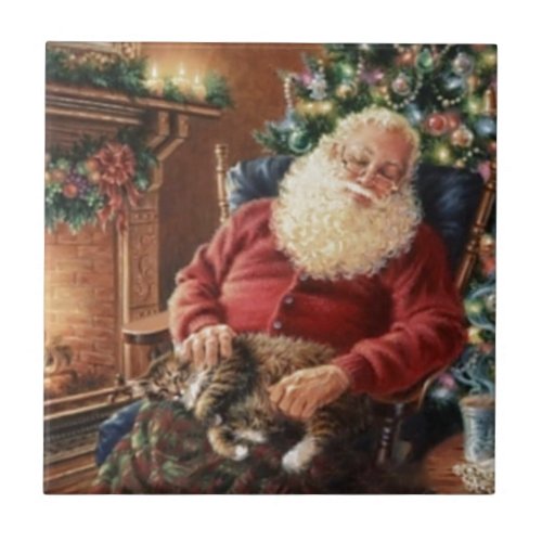 Vintage Santa Claus Sleeping With The Cat Ceramic Tile