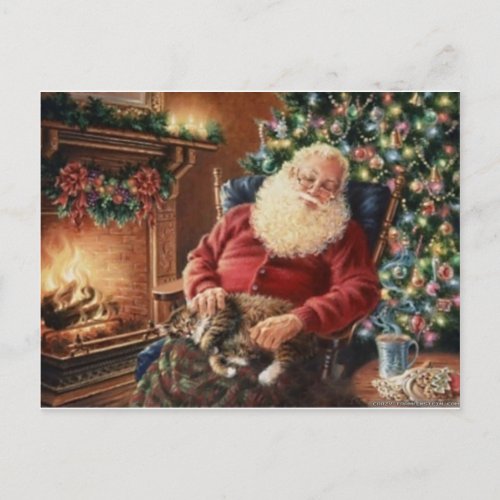 Vintage Santa Claus Sleeping With The Cat Holiday Postcard