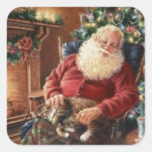 Vintage Santa Claus Sleeping With The Cat Square Sticker