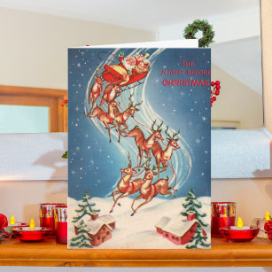 Vintage Santa Claus Sleigh and Reindeer Flying Holiday Card