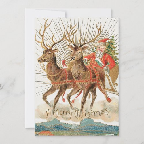 Vintage Santa Claus Sleigh And Reindeer Flying Holiday Card