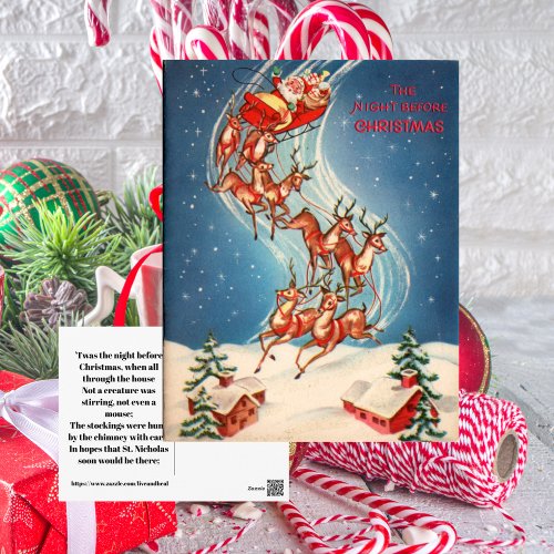 Vintage Santa Claus Sleigh and Reindeer Flying Holiday Postcard