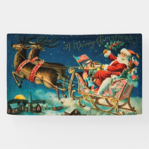 Vintage Santa Claus Sleigh Christmas Holiday Banner