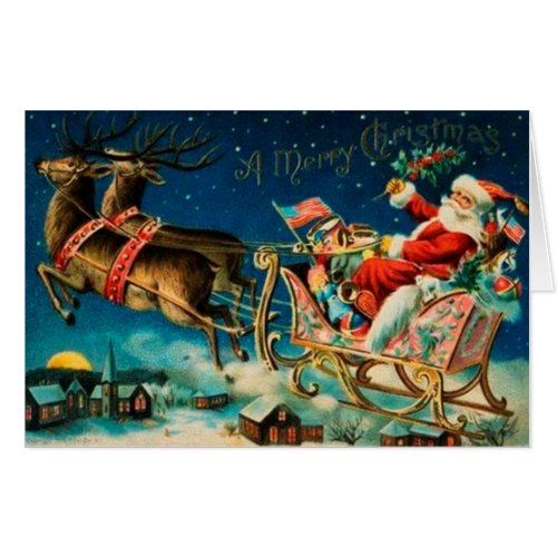 Vintage Santa Claus Sleigh Christmas Holiday Card