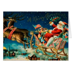 Vintage Santa Claus Sleigh Christmas Holiday Card