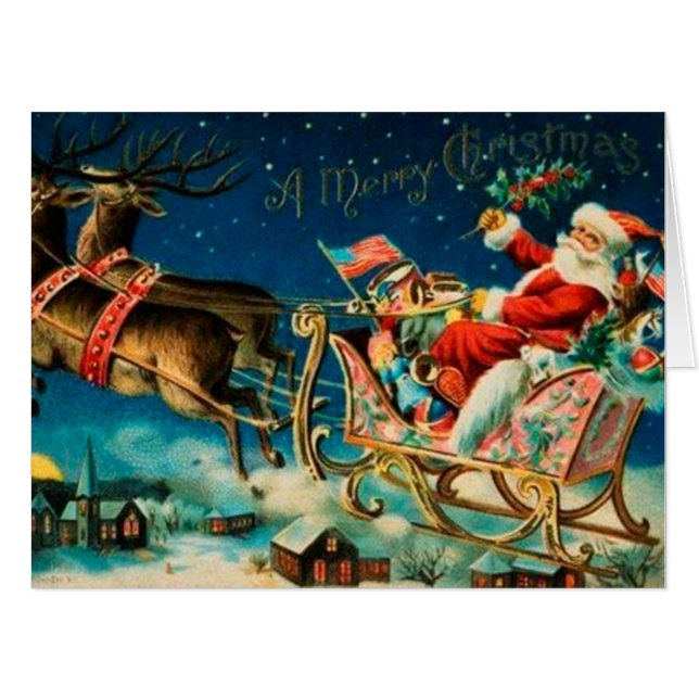 Vintage Santa Claus Sleigh Christmas Holiday Card (Front Horizontal)