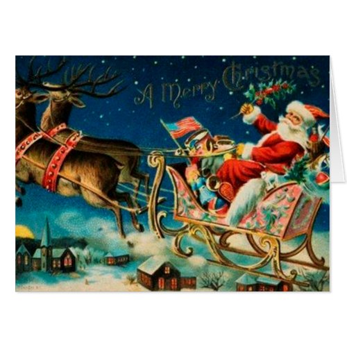 Vintage Santa Claus Sleigh Christmas Holiday Card