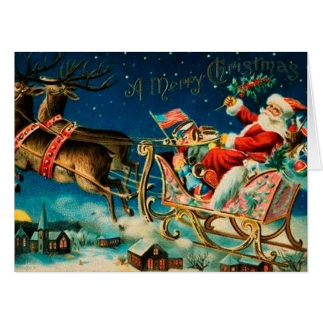 Vintage Santa Claus Sleigh Christmas Holiday Card (Front Horizontal)