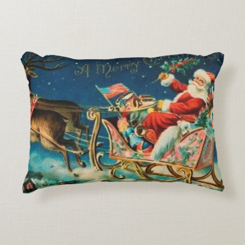 Vintage Santa Claus Sleigh Christmas Holiday Decorative Pillow