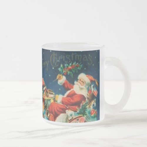 Vintage Santa Claus Sleigh Christmas Holiday Frosted Glass Coffee Mug