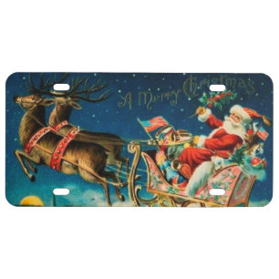 Vintage Santa Claus Sleigh Christmas Holiday License Plate