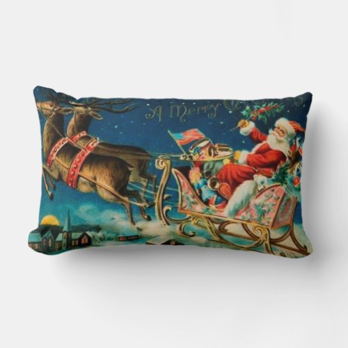 Vintage Santa Claus Sleigh Christmas Holiday Lumbar Pillow
