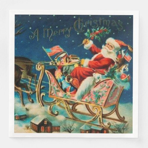 Vintage Santa Claus Sleigh Christmas Holiday Paper Dinner Napkins