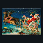 Vintage Santa Claus Sleigh Christmas Holiday Photo Print<br><div class="desc">Original vintage Santa Claus on sleigh with reindeers illustration.</div>