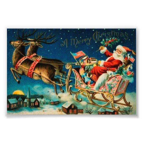Vintage Santa Claus Sleigh Christmas Holiday Photo Print