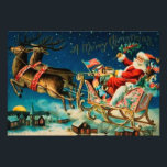 Vintage Santa Claus Sleigh Christmas Holiday Photo Print<br><div class="desc">Original vintage Santa Claus on sleigh with reindeers illustration.</div>