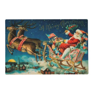 Vintage Santa Claus Sleigh Christmas Holiday Placemat