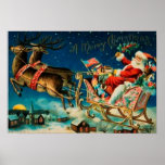 Vintage Santa Claus Sleigh Christmas Holiday Poster<br><div class="desc">Original vintage Santa Claus on sleigh with reindeers illustration.</div>