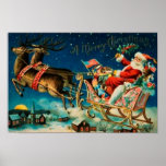 Vintage Santa Claus Sleigh Christmas Holiday Poster<br><div class="desc">Original vintage Santa Claus on sleigh with reindeers illustration.</div>