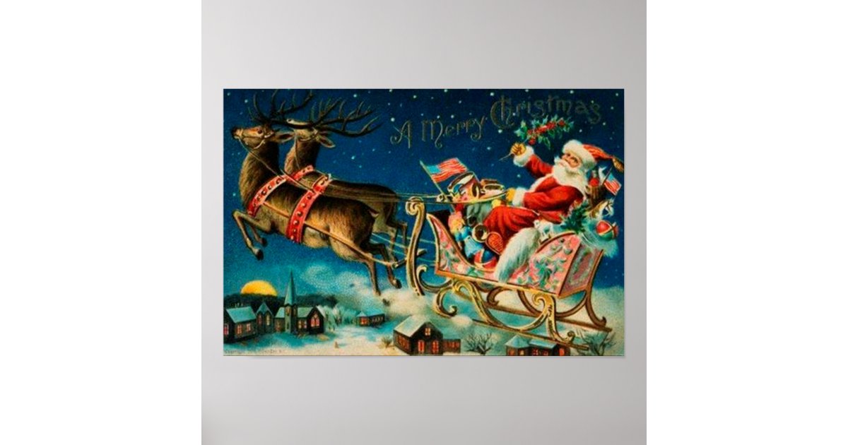 Vintage Santa Claus Sleigh Christmas Holiday Poster | Zazzle.com